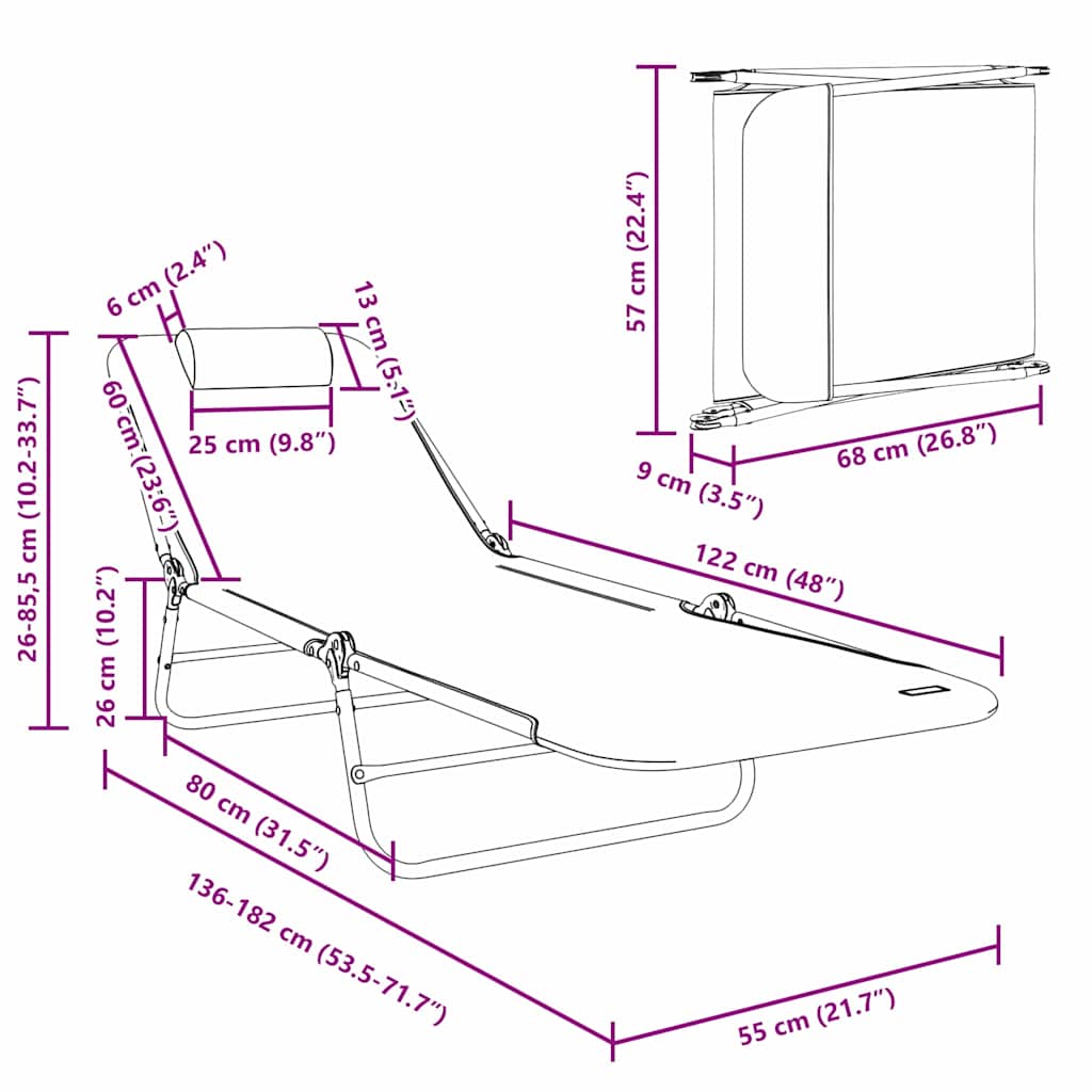 Foldestol Sort 182 x 55 x 85,5 cm Textilene