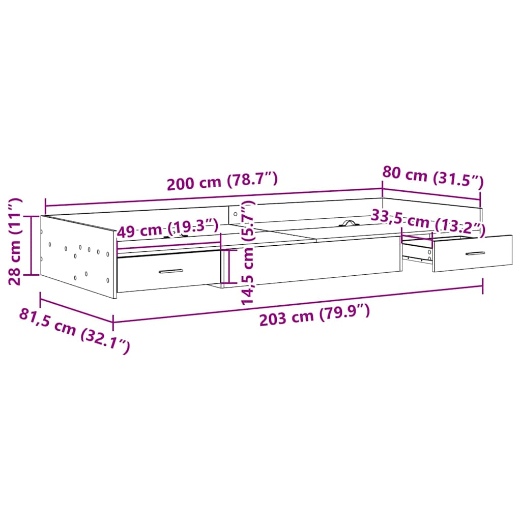 Sengestel med skuffe Beton Grå 80 x 200 cm Konstrueret træ