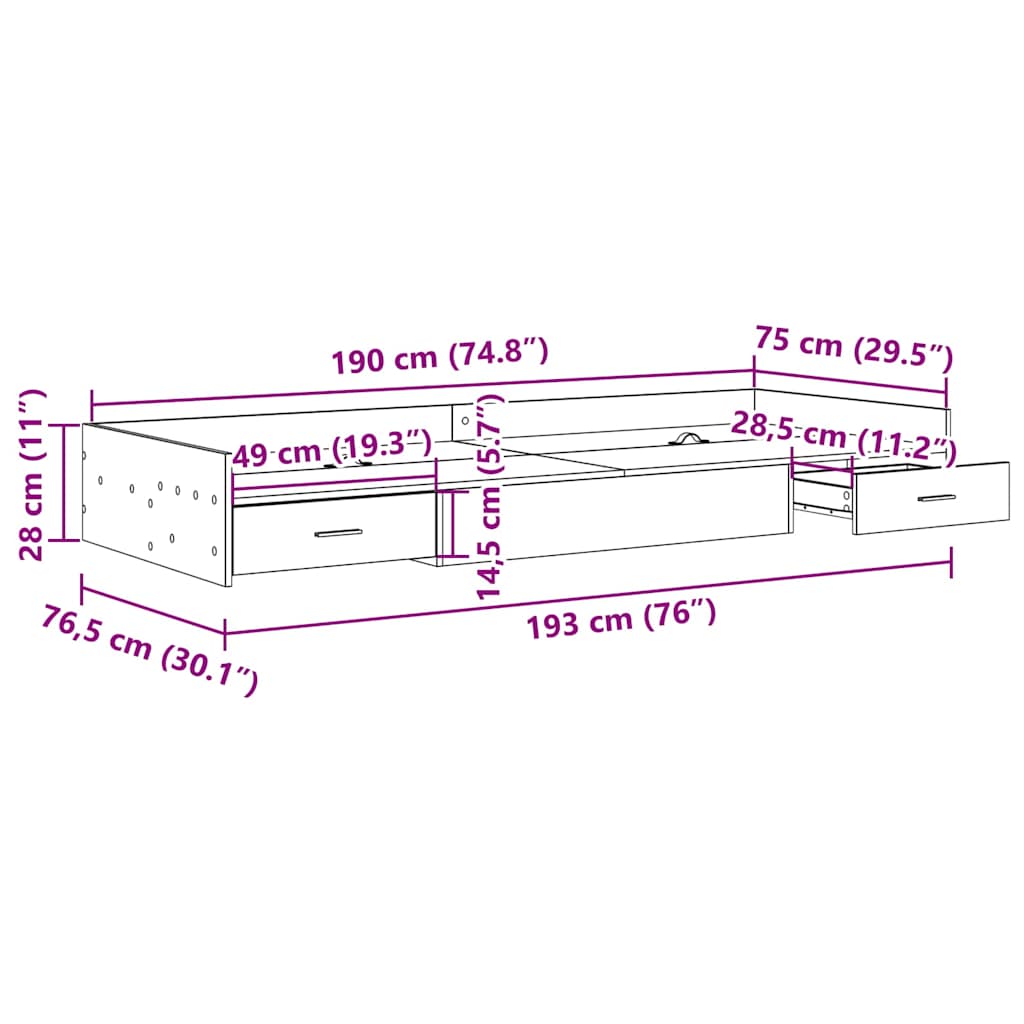 Sengestel med skuffe Røget eg 75 x 190 cm Konstrueret træ