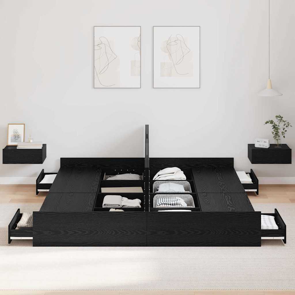 Seng med opbevaring Sort eg 200 x 200 cm Konstrueret træ
