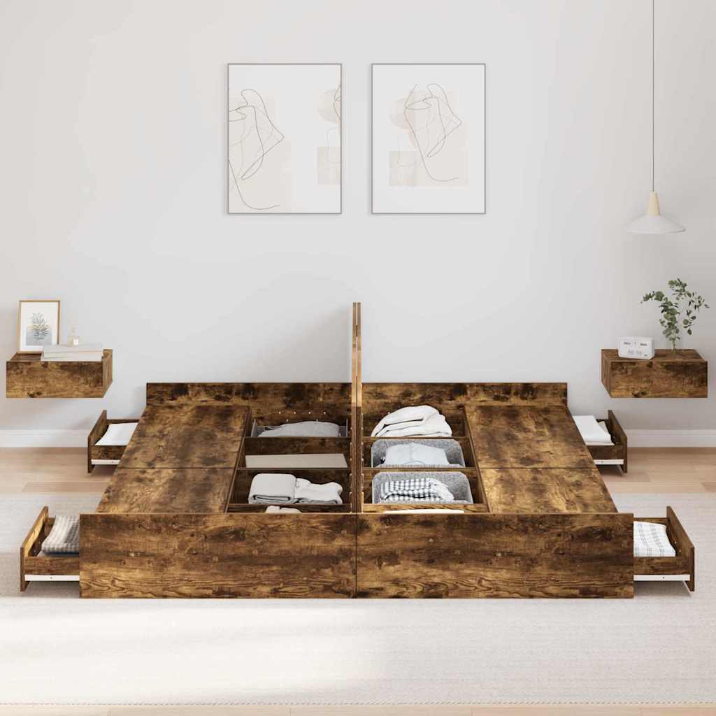 Seng med opbevaring Røget eg 200 x 200 cm Konstrueret træ