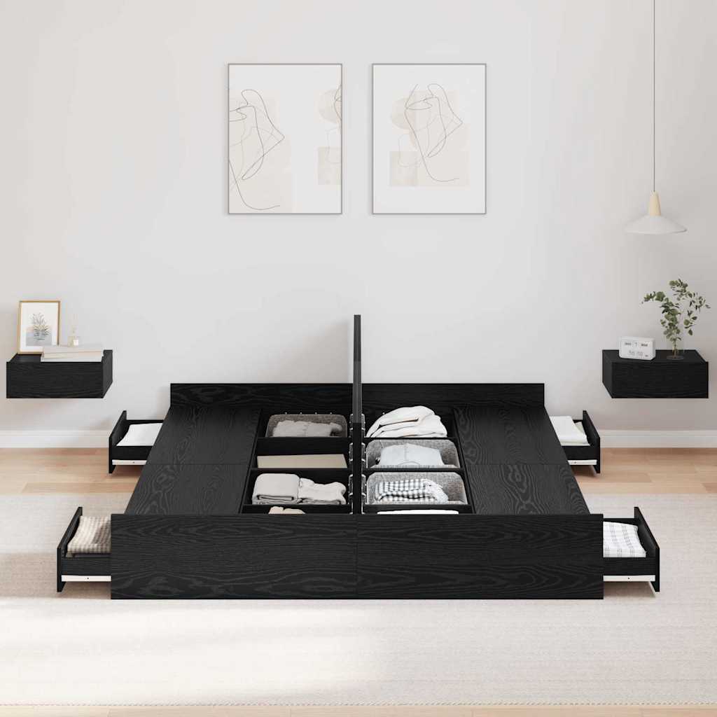Seng med opbevaring Sort eg 160 x 200 cm Konstrueret træ