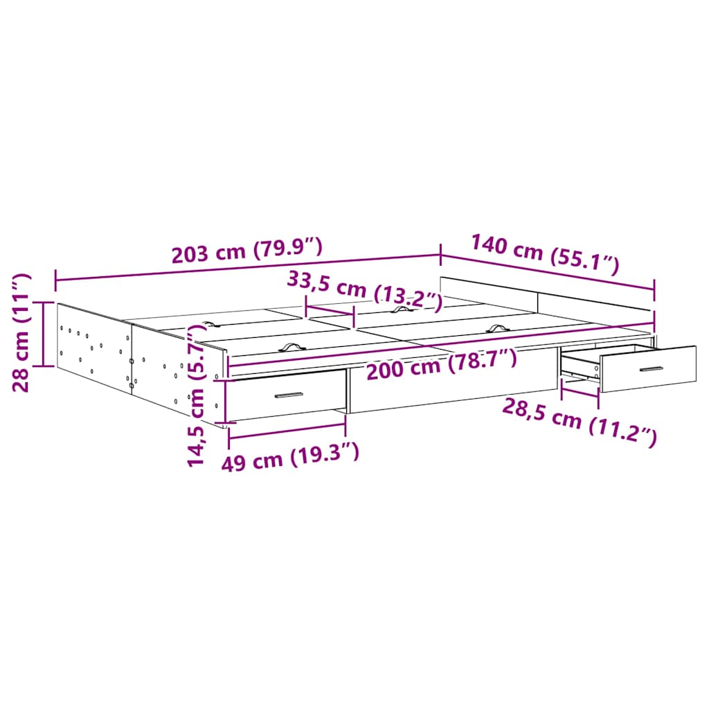 Seng med opbevaring Sort eg 140 x 200 cm Konstrueret træ