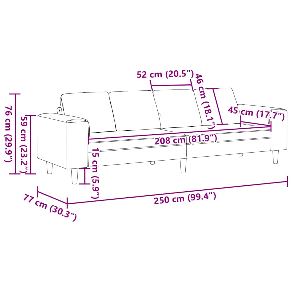 Sofa Lysegrå 250 x 77 x 76 cm Velourstof
