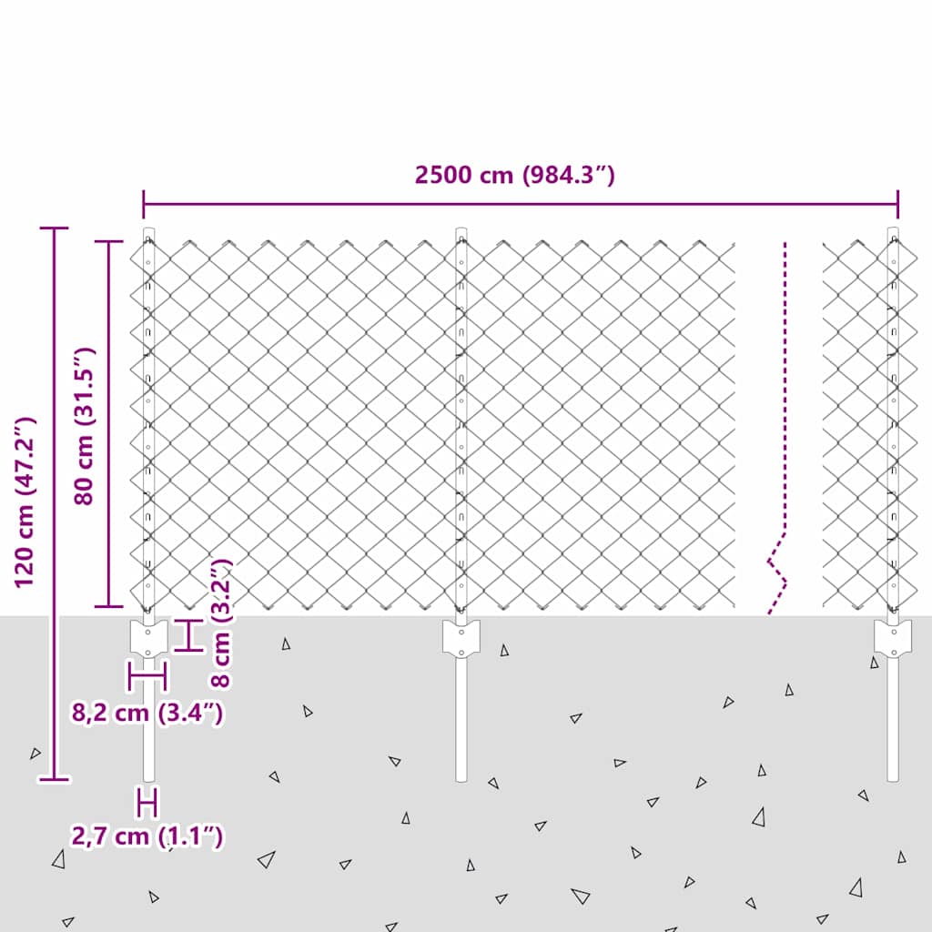 Kæde-link hegn med stolpe 25 x 0,8 m Galvaniseret stål Grøn