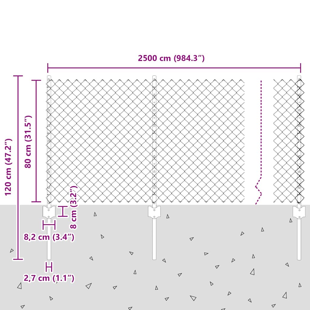 Kæde-link hegn med stolpe 25 x 0,8 m Galvaniseret stål Sølv