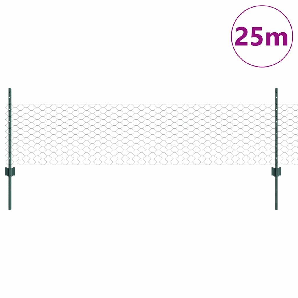 Sekskantet hegn med stolpe 25 x 0,5 m PVC-belagt stål Grøn Mesh