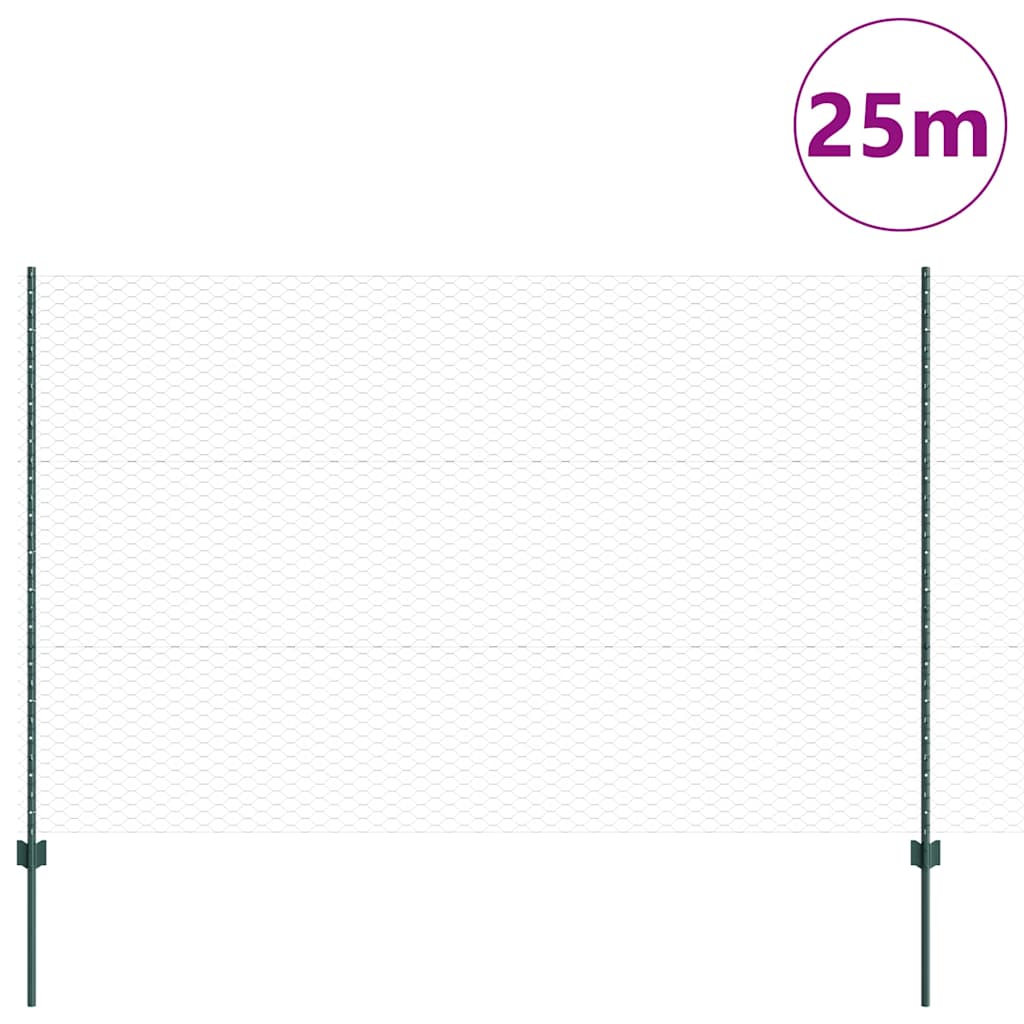 Sekskantet hegn med stolpe 25 x 1,5 m PVC-belagt stål Grøn Mesh