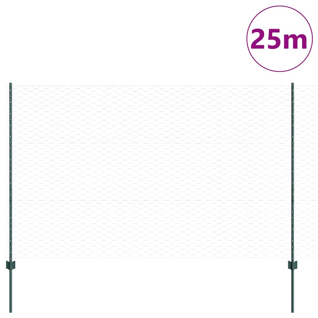 Sekskantet hegn med stolpe 25 x 1,5 m PVC-belagt stål Grøn Mesh