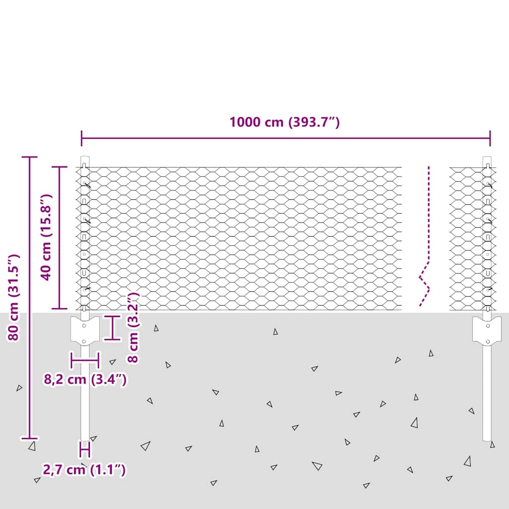 Sekskantet hegn med stolpe 10 x 0,4 m PVC-belagt stål Grå Mesh