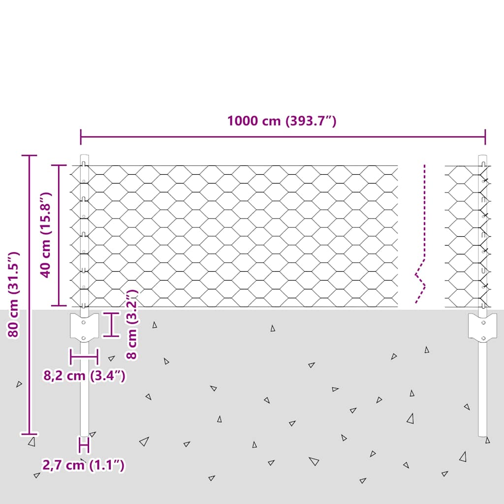 Sekskantet hegn med stolpe 10 x 0,4 m PVC-belagt stål Grå Mesh