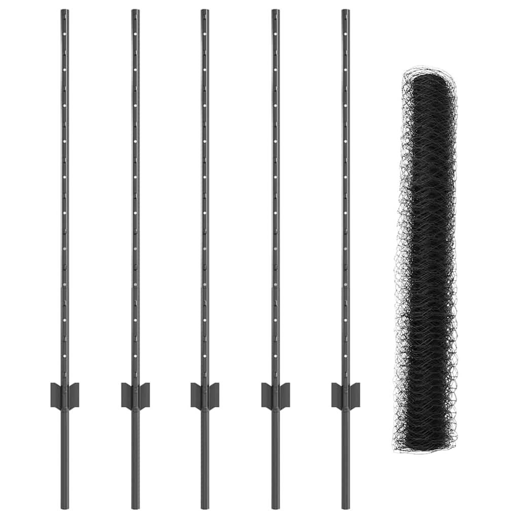 Sekskantet hegn med stolpe 10 x 0,8 m PVC-belagt stål Grå Mesh
