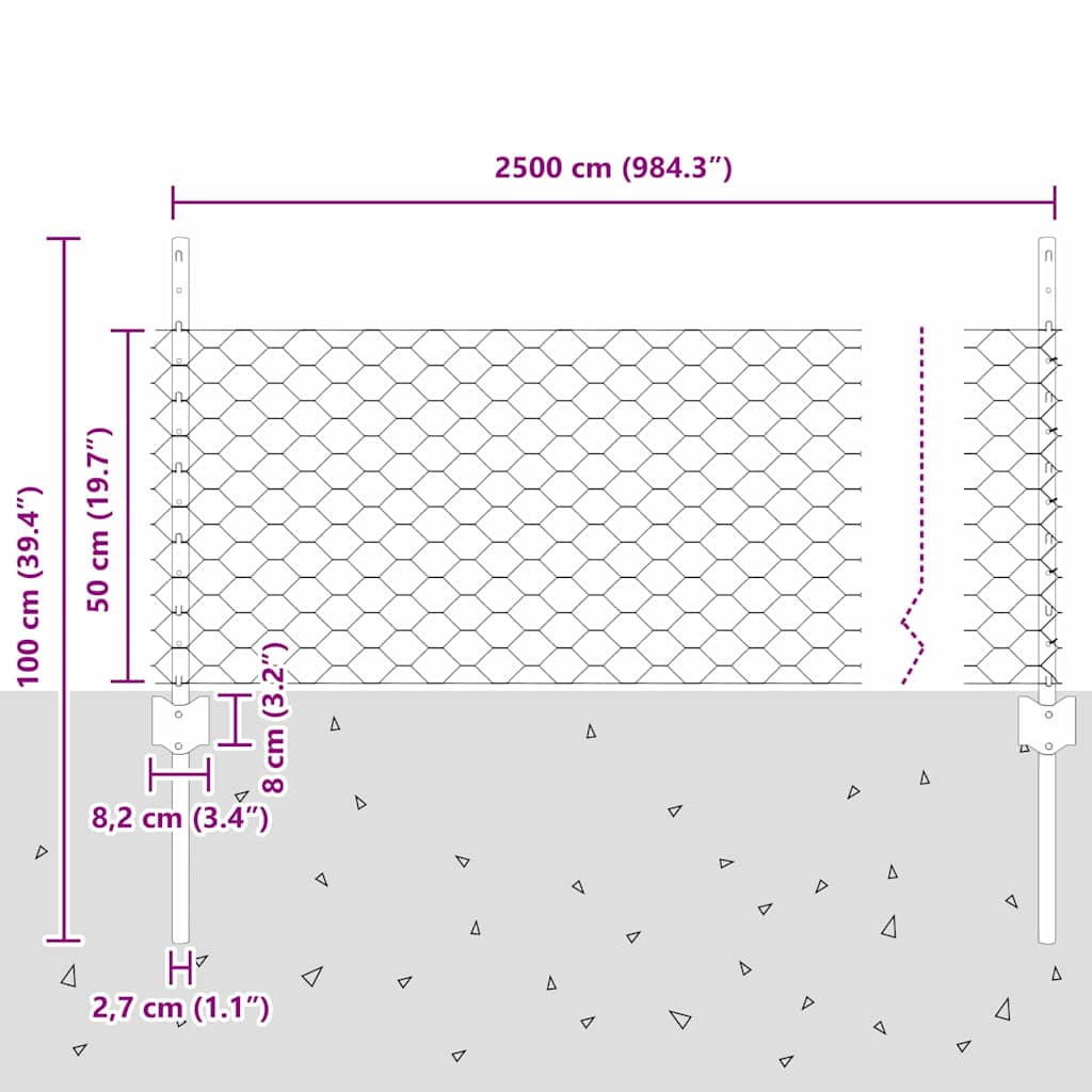 Sekskantet hegn med stolpe 25 x 0,5 m PVC-belagt stål Grå Mesh