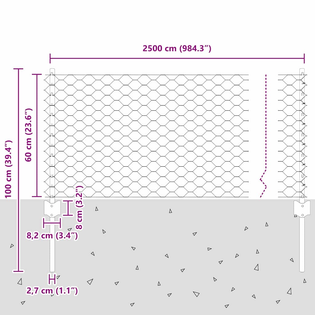 Sekskantet hegn med stolpe 25 x 0,6 m PVC-belagt stål Grå Mesh