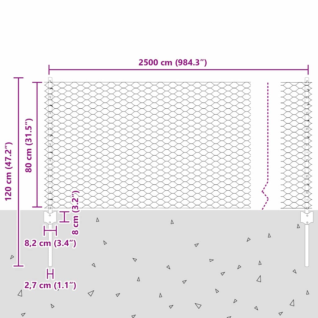 Sekskantet hegn med stolpe 25 x 0,8 m PVC-belagt stål Grå Mesh