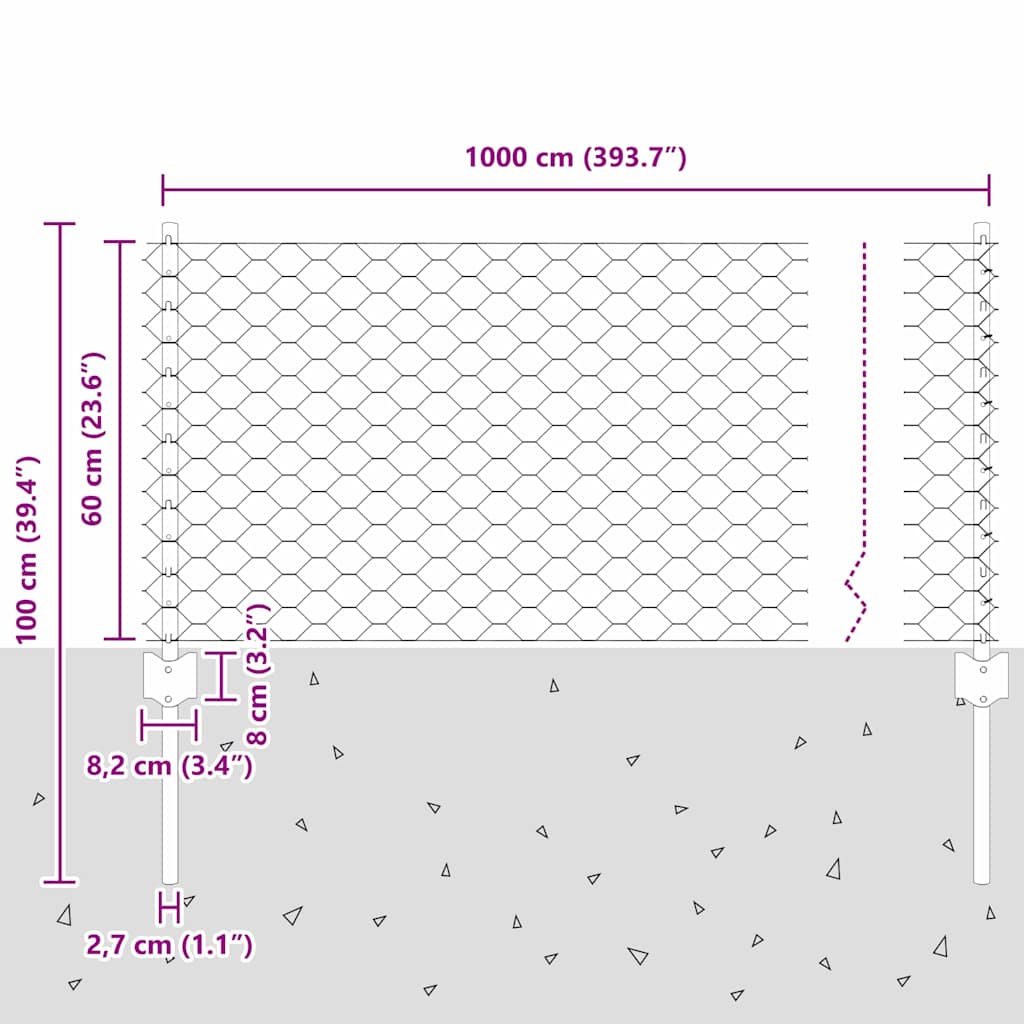 Sekskantet hegn med stolpe 10 x 0,6 m Galvaniseret stål Sølv