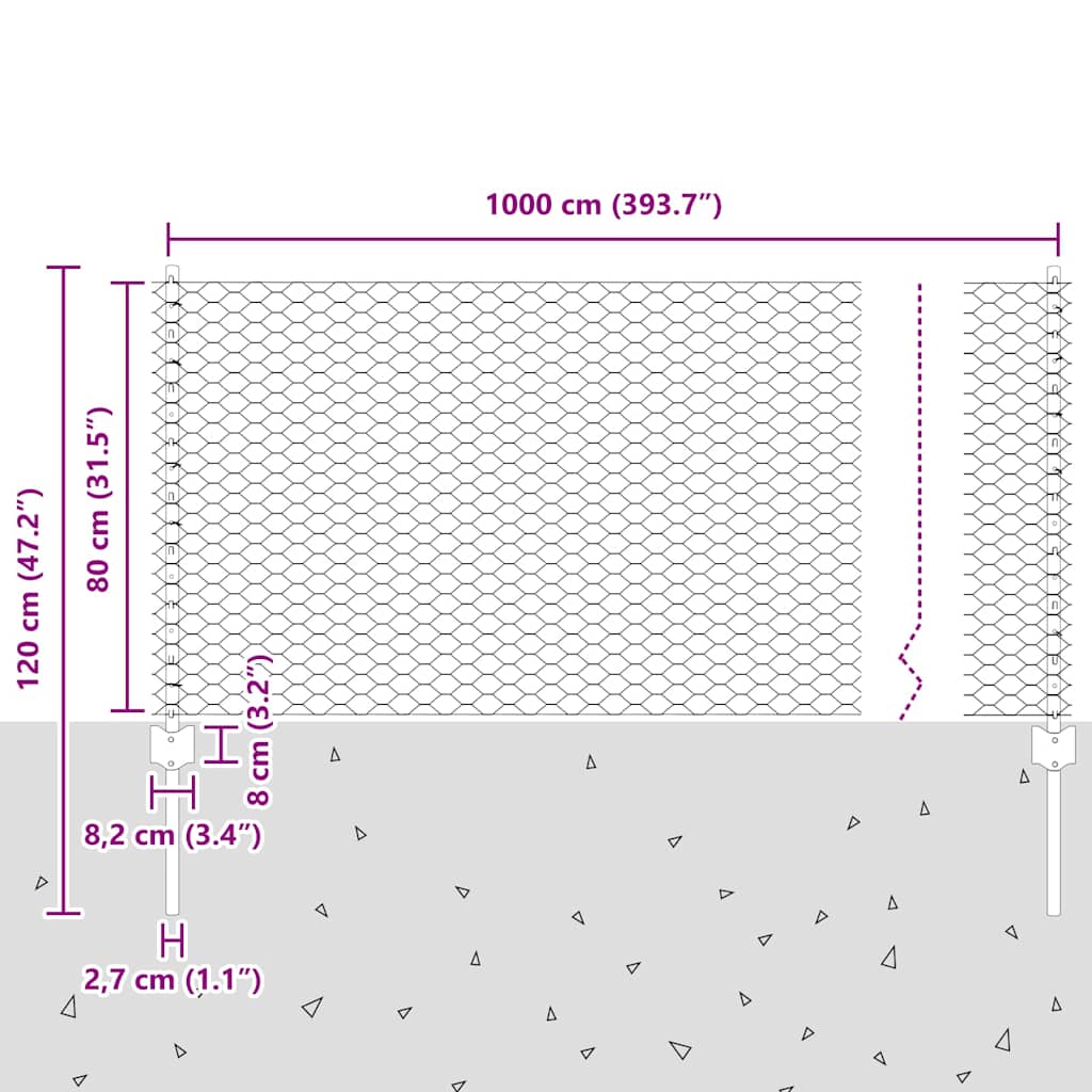 Sekskantet hegn med stolpe 10 x 0,8 m Galvaniseret stål Sølv
