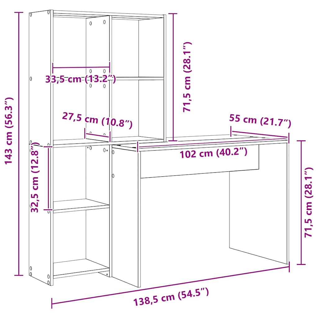 Bord med hylde Sort eg 138,5 x 55 x 143 cm Konstrueret træ