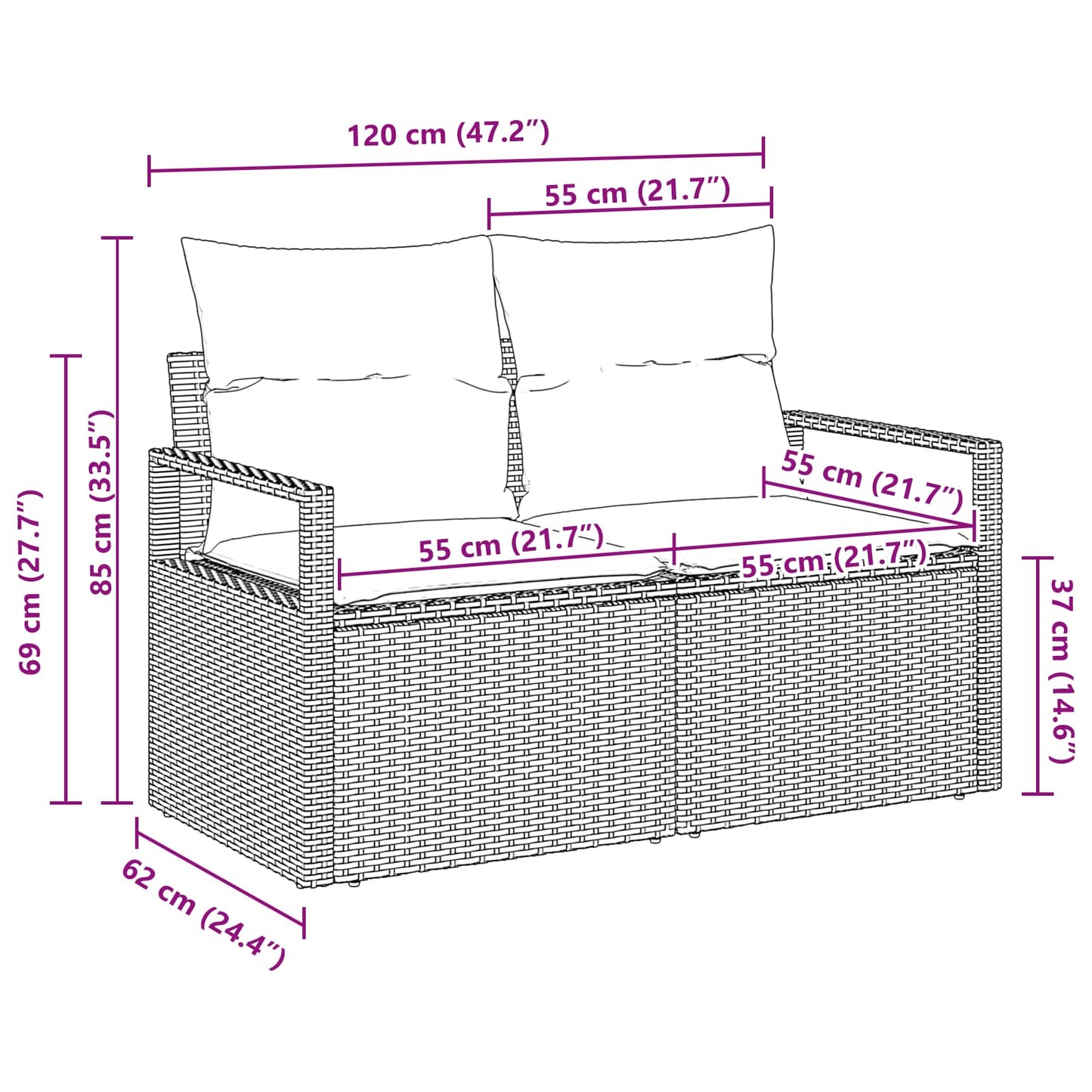 Havemøbelsofa med pude 120 x 62 x 69 cm polyrattan