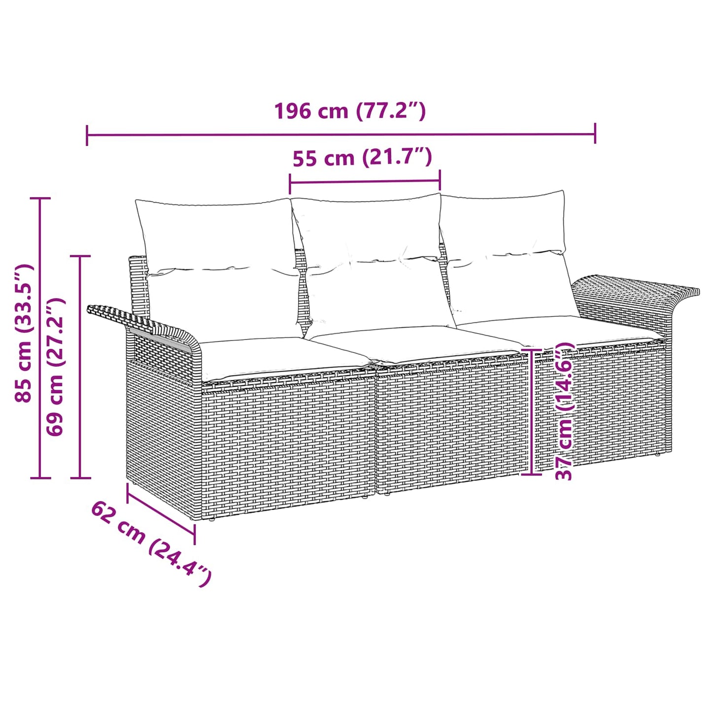 Sofa Sæt 3 stk. 3-Antal sæder Grå og Marineblå polyrattan