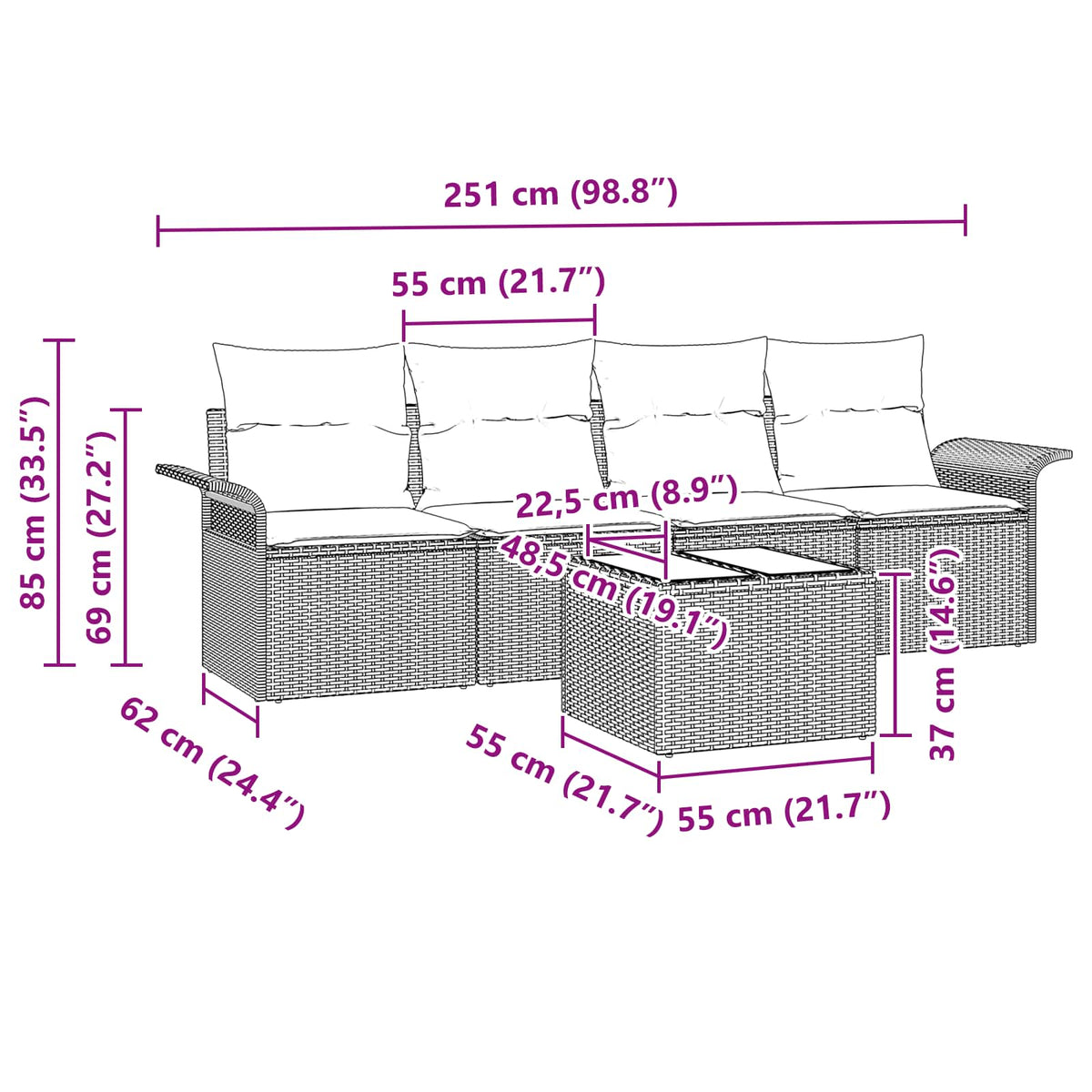 Sofa Sæt 5 stk. Brun polyrattan
