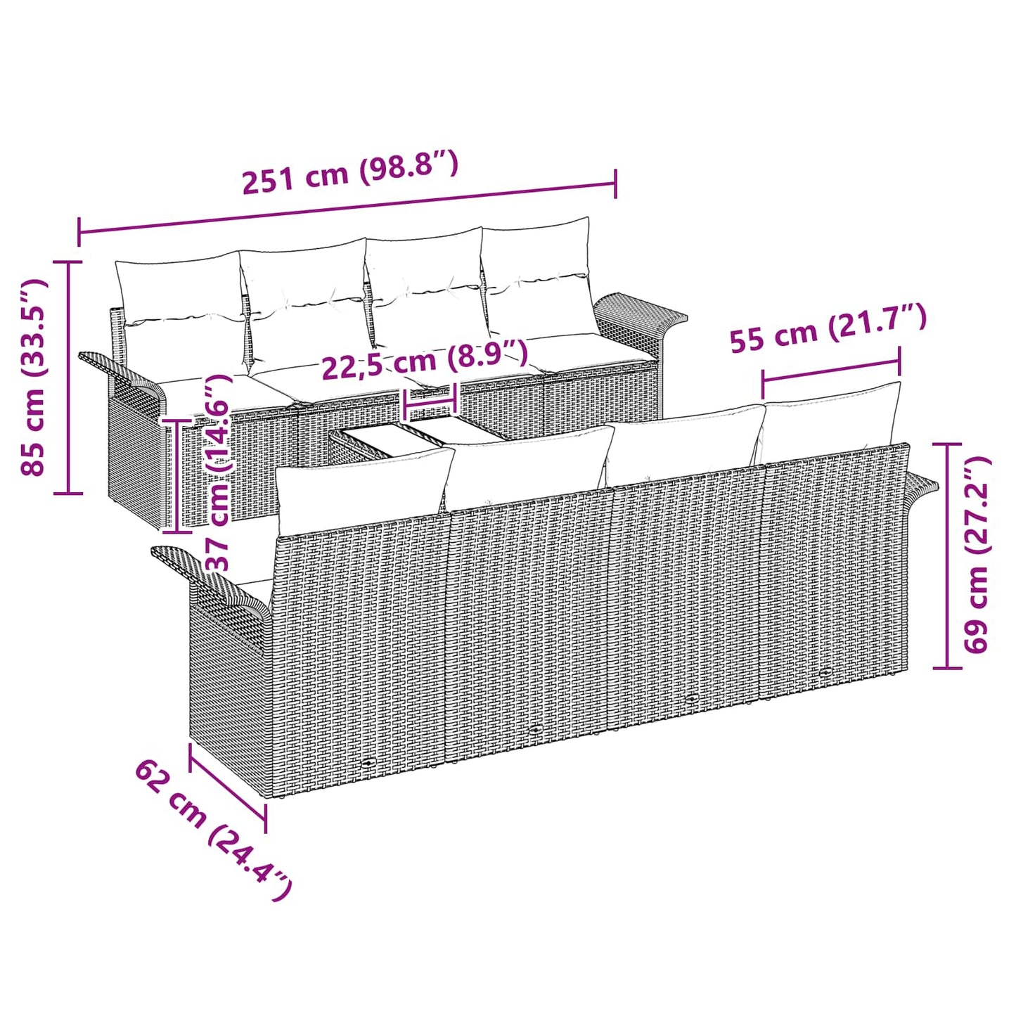 Havesofa Sæt 9 stk. Brun polyrattan
