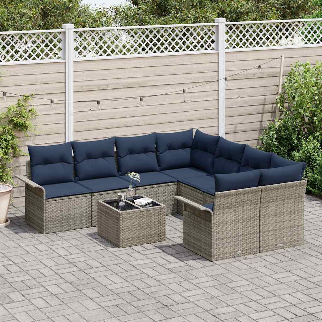 Havesofa Sæt 9 stk. 10-Antal sæder Grå og Marineblå polyrattan