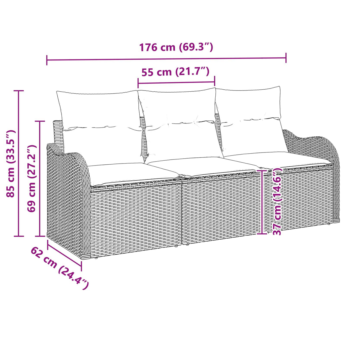 Havesofa Sæt 3 stk. Grå polyrattan