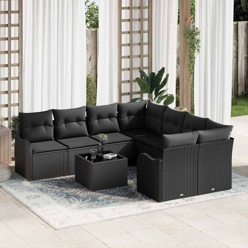 Havesofa Sæt 9 stk. 8-Antal sæder Sort polyrattan