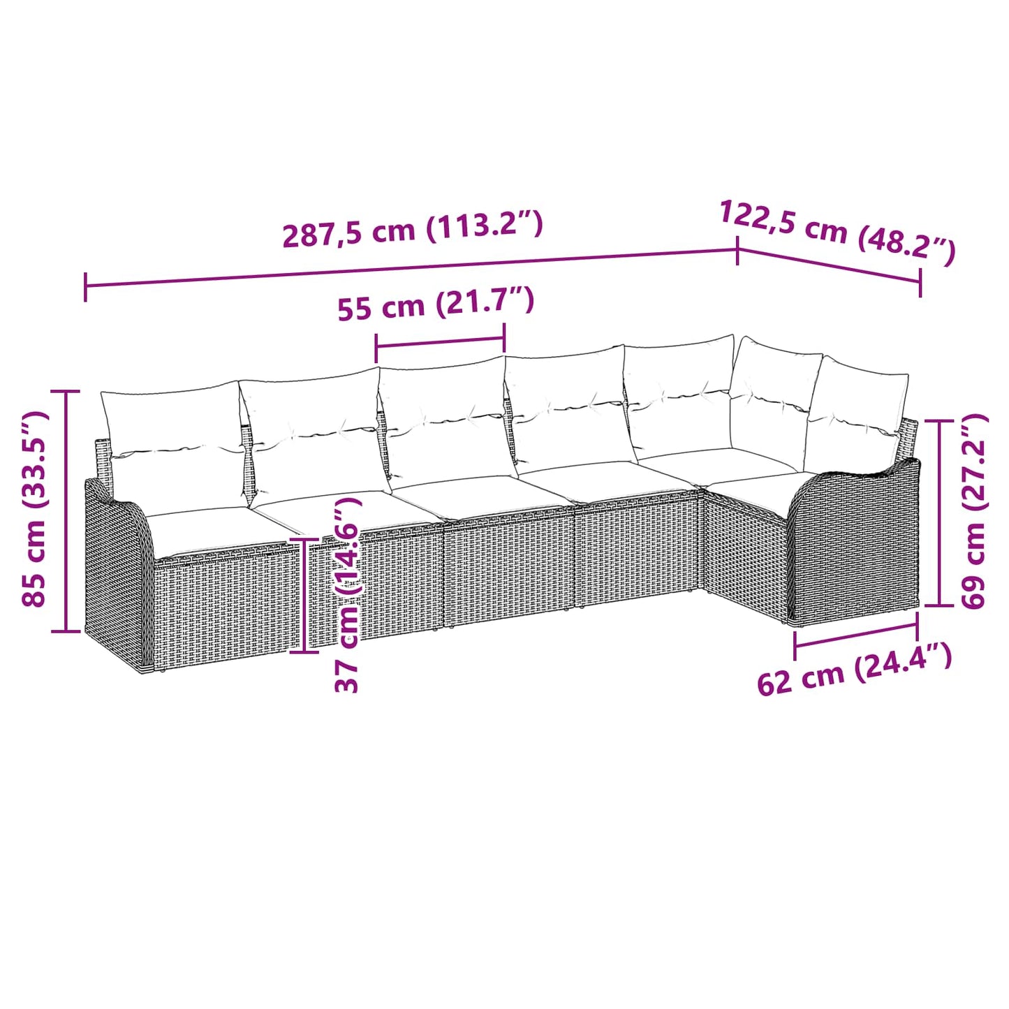 Havesofa Sæt 6 stk. Grå polyrattan