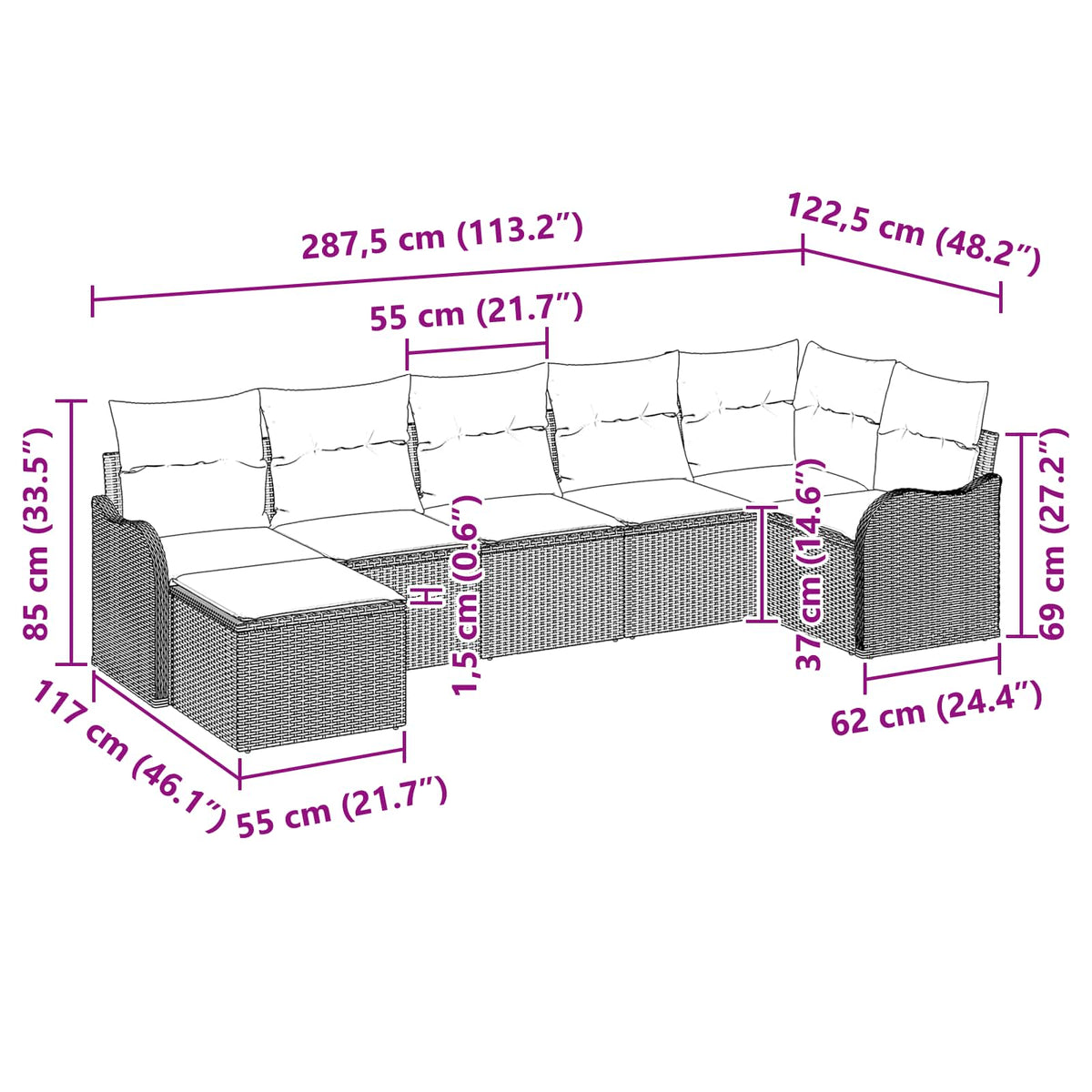 Havesofa Sæt 7 stk. Grå polyrattan