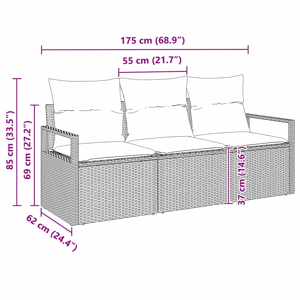 Sofa Sæt 3 stk. Sort polyrattan