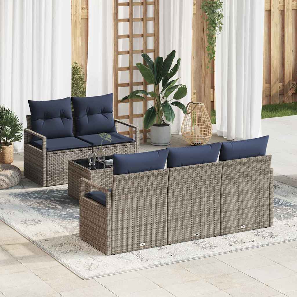 Sofa Sæt 6 stk. 5-Antal sæder Grå og Marineblå polyrattan