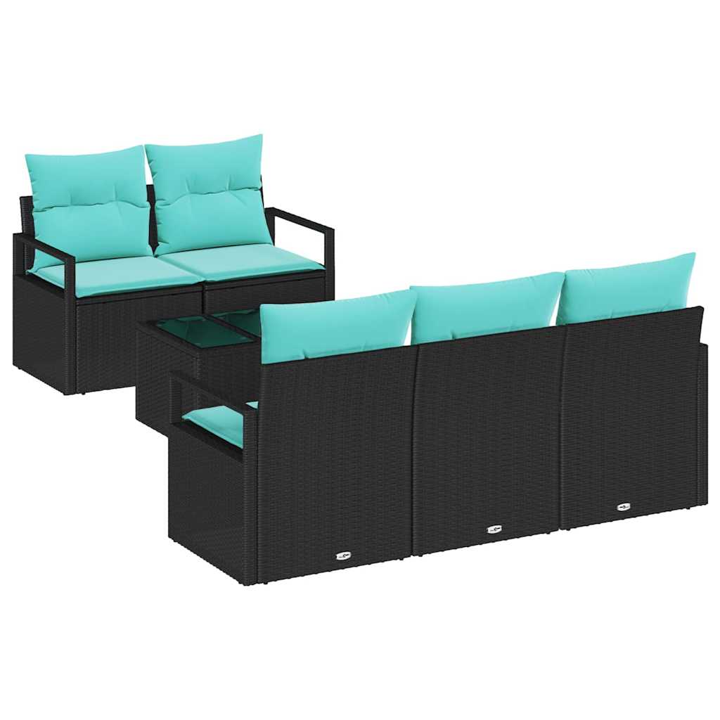 Sofa Sæt 6 stk. 5-Antal sæder Sort og turkis polyrattan