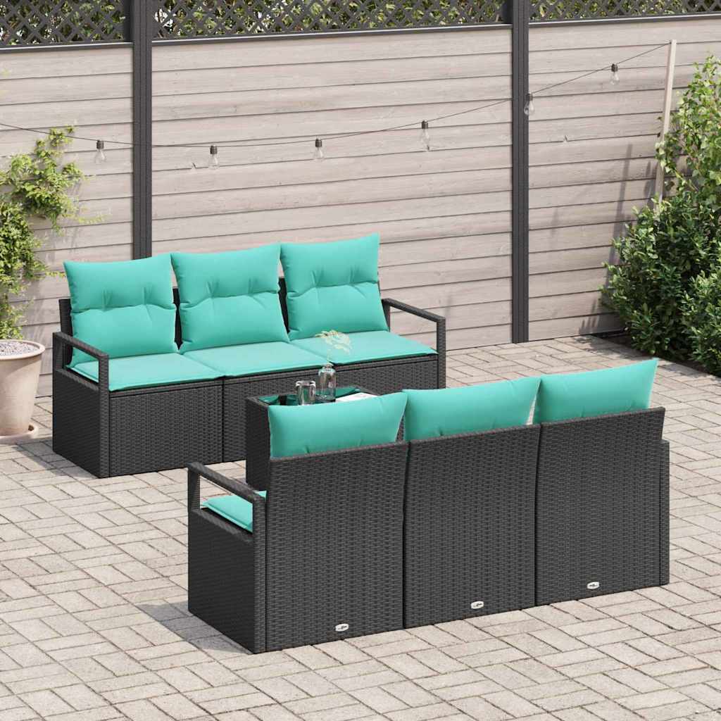 Sofa Sæt 7 stk. 6-Antal sæder Sort og turkis polyrattan