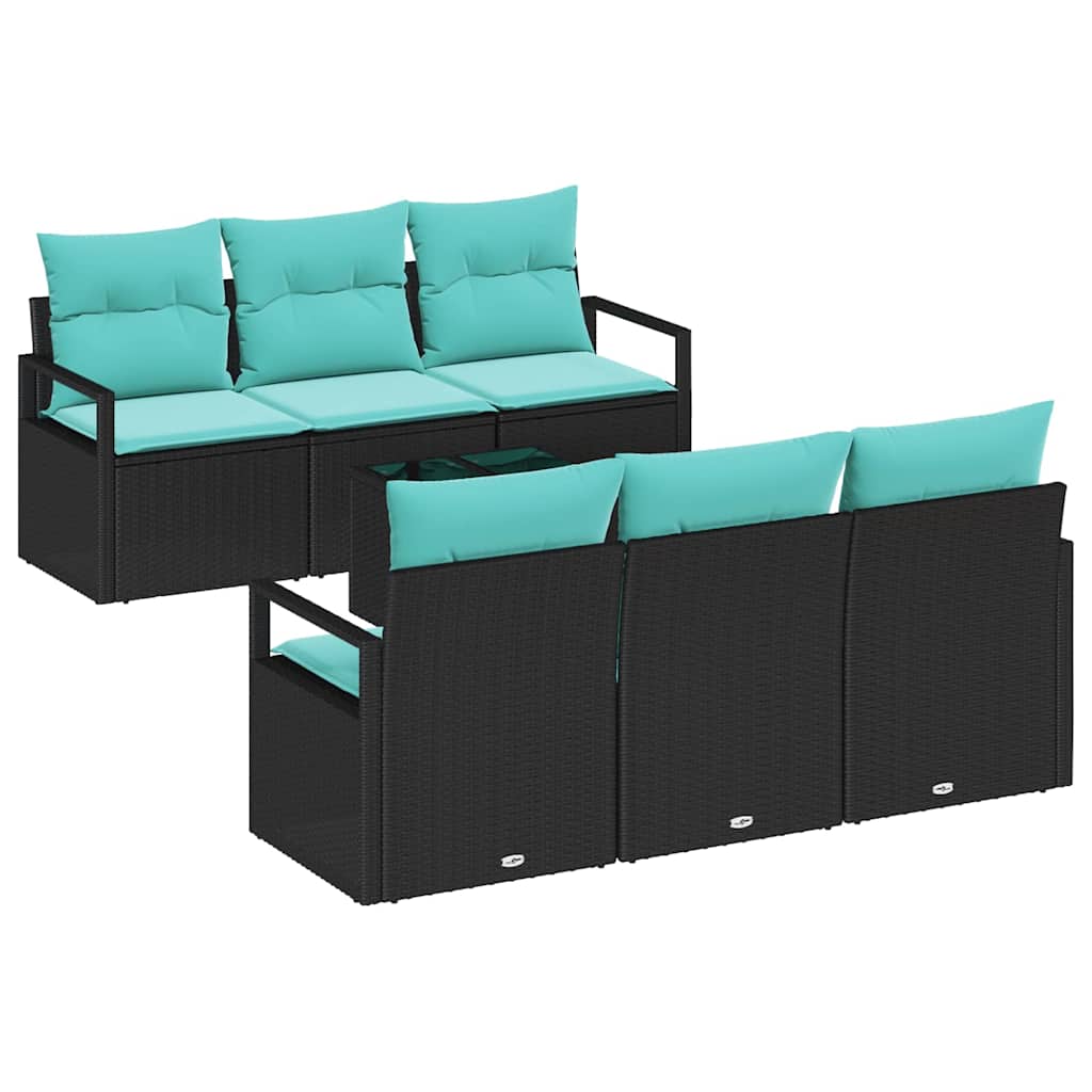 Sofa Sæt 7 stk. 6-Antal sæder Sort og turkis polyrattan