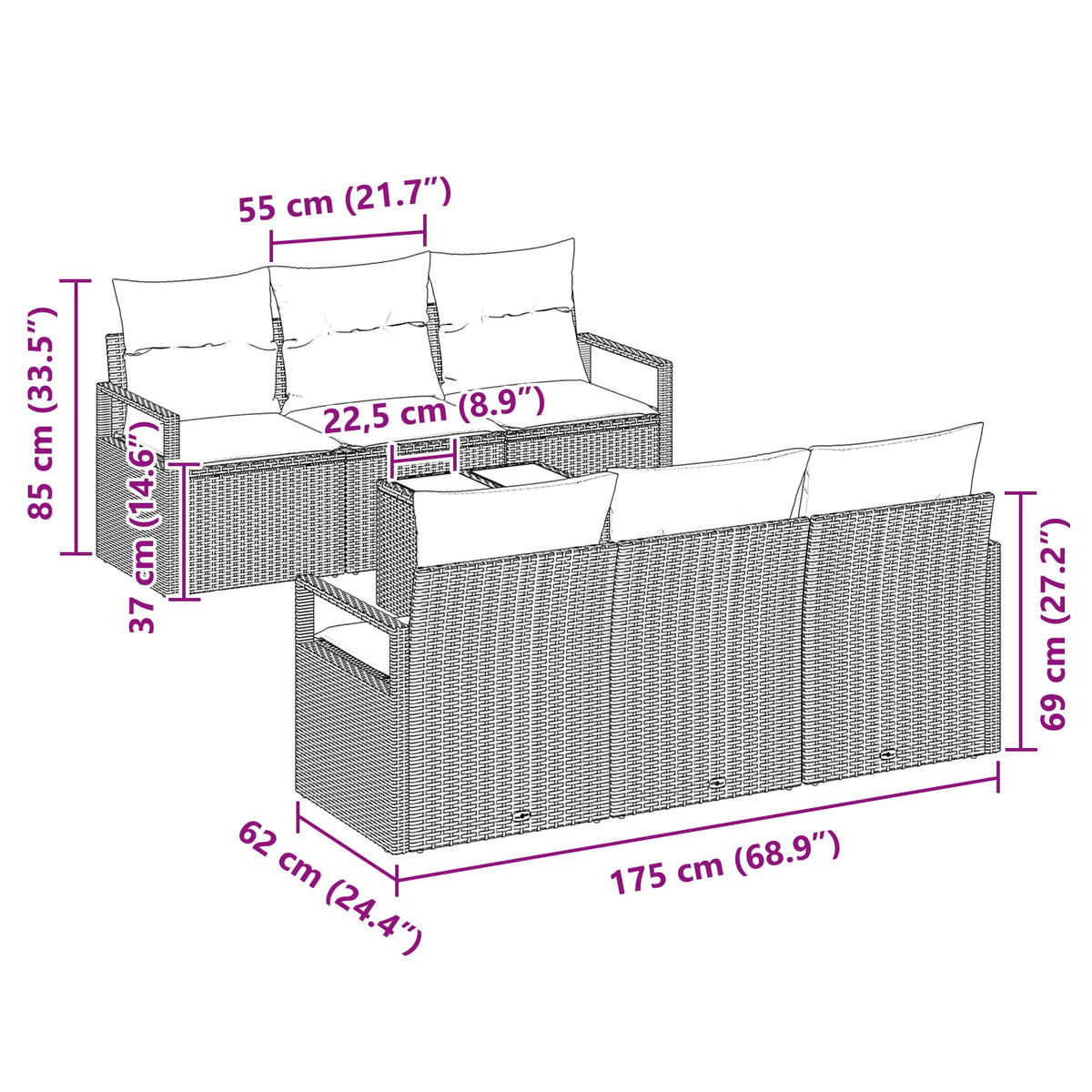 Sofa Sæt 7 stk. 6-Antal sæder Sort og turkis polyrattan