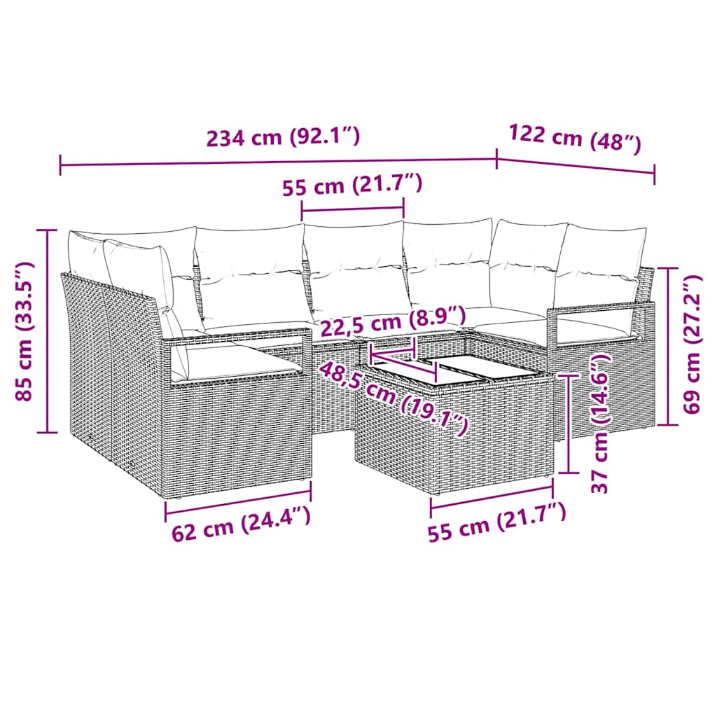 Sofa Sæt 7 stk. 6-Antal sæder Lys grå og Mørk grå polyrattan