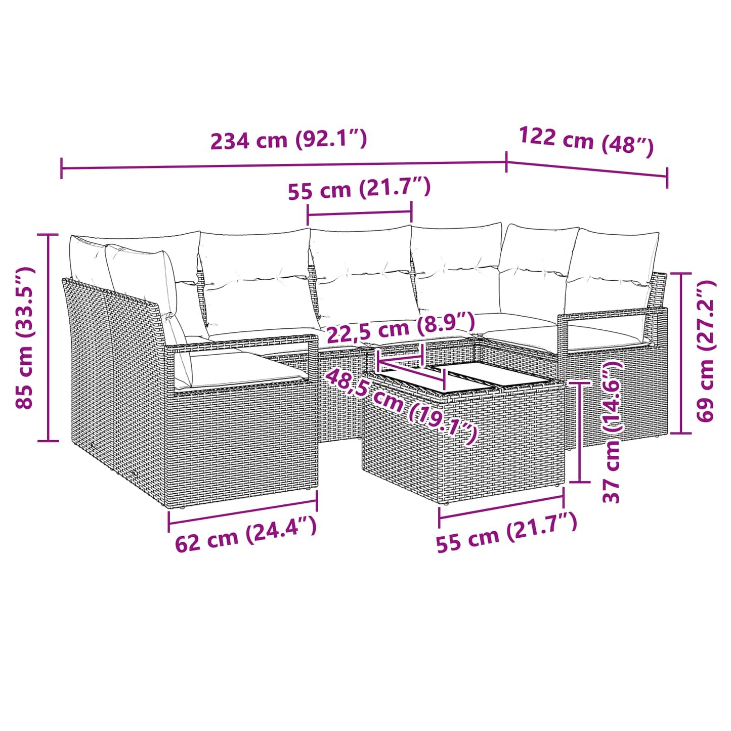 Sofa Sæt 7 stk. 6-Antal sæder Grå og Blå polyrattan