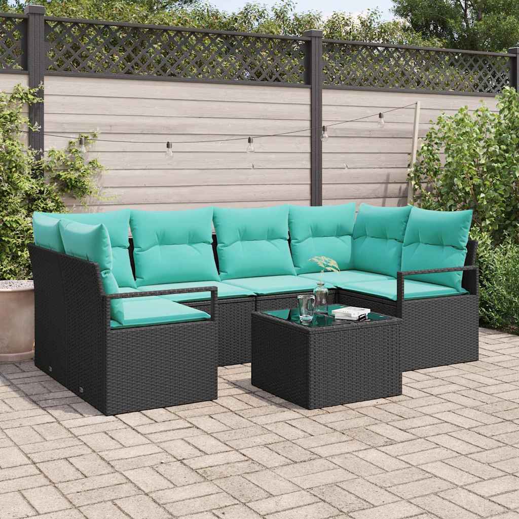 Sofa Sæt 7 stk. 6-Antal sæder Sort og Blå polyrattan