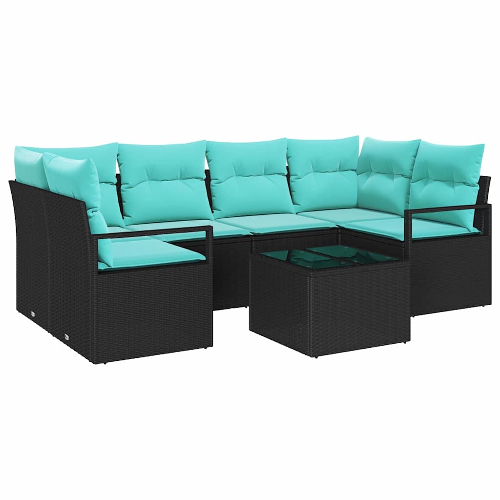 Sofa Sæt 7 stk. 6-Antal sæder Sort og Blå polyrattan