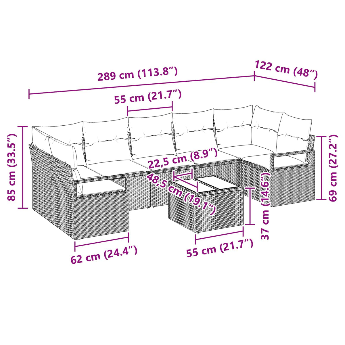 Sofa Sæt 8 stk. 7-Antal sæder Grå polyrattan