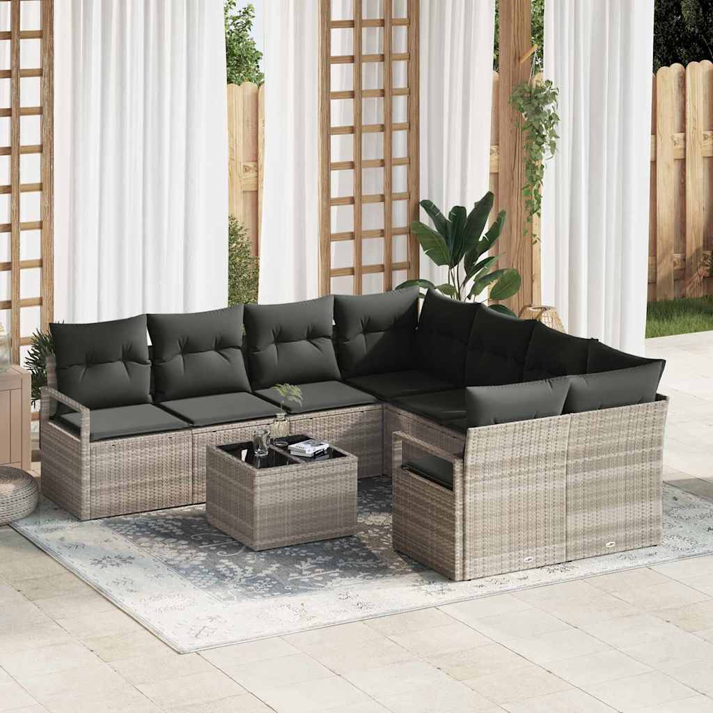 Sofa Sæt 9 stk. 8-Antal sæder Lys grå og sort Polyrattan