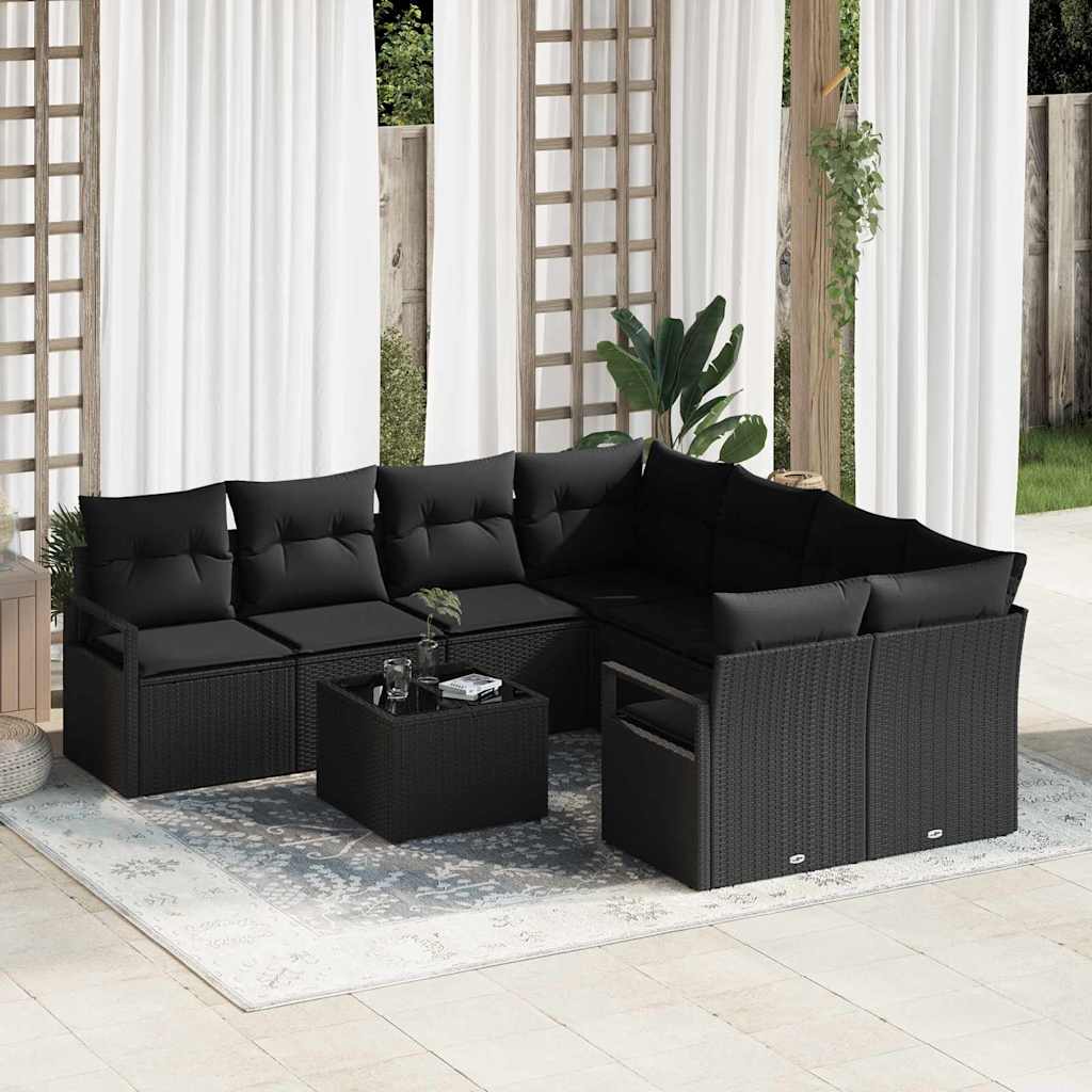 Sofa Sæt 9 stk. 8-Antal sæder Sort Polyrattan