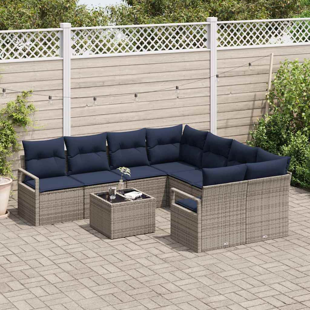Sofa Sæt 9 stk. 8-Antal sæder Grå og Marineblå polyrattan