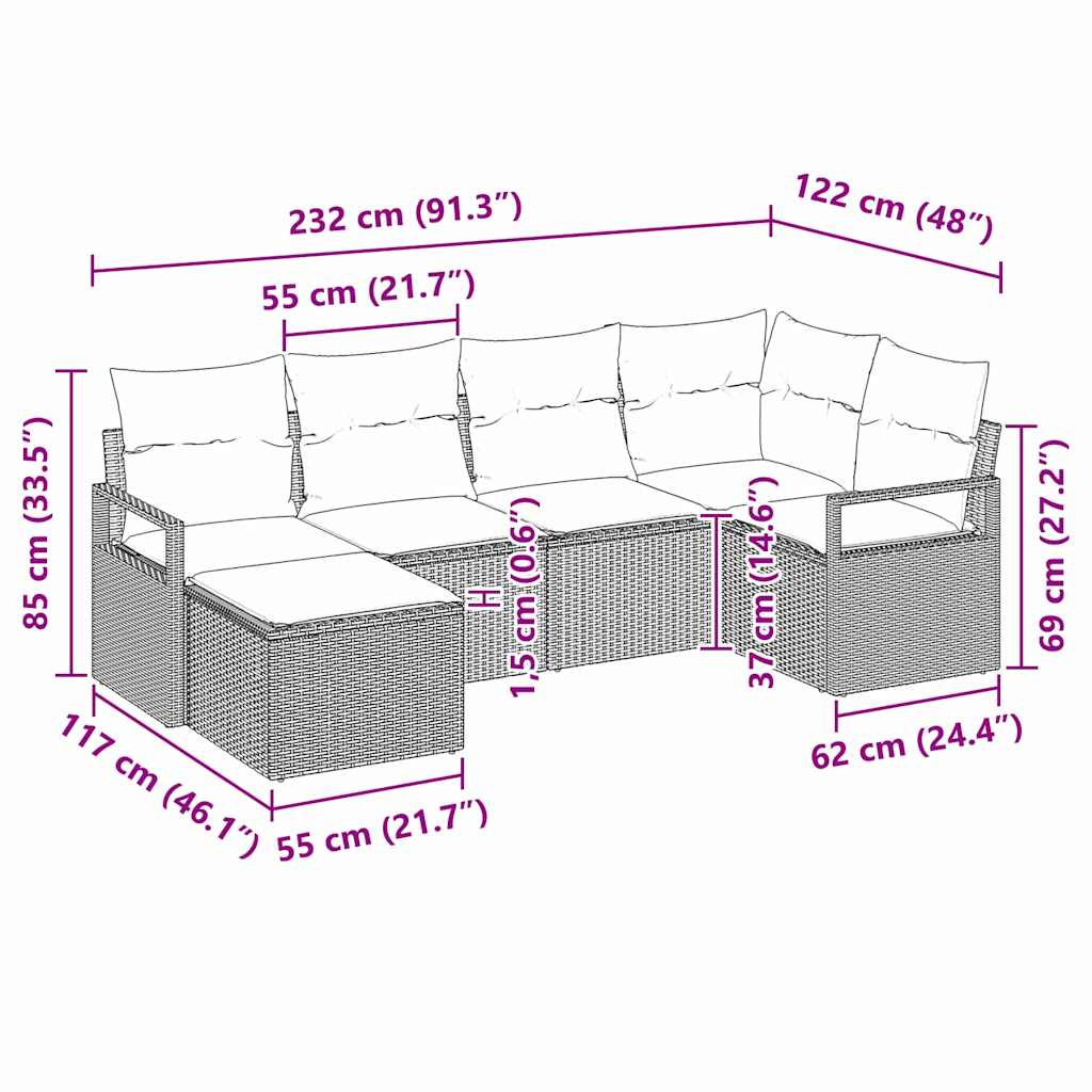 Sofa Sæt 6 stk. Beige polyrattan