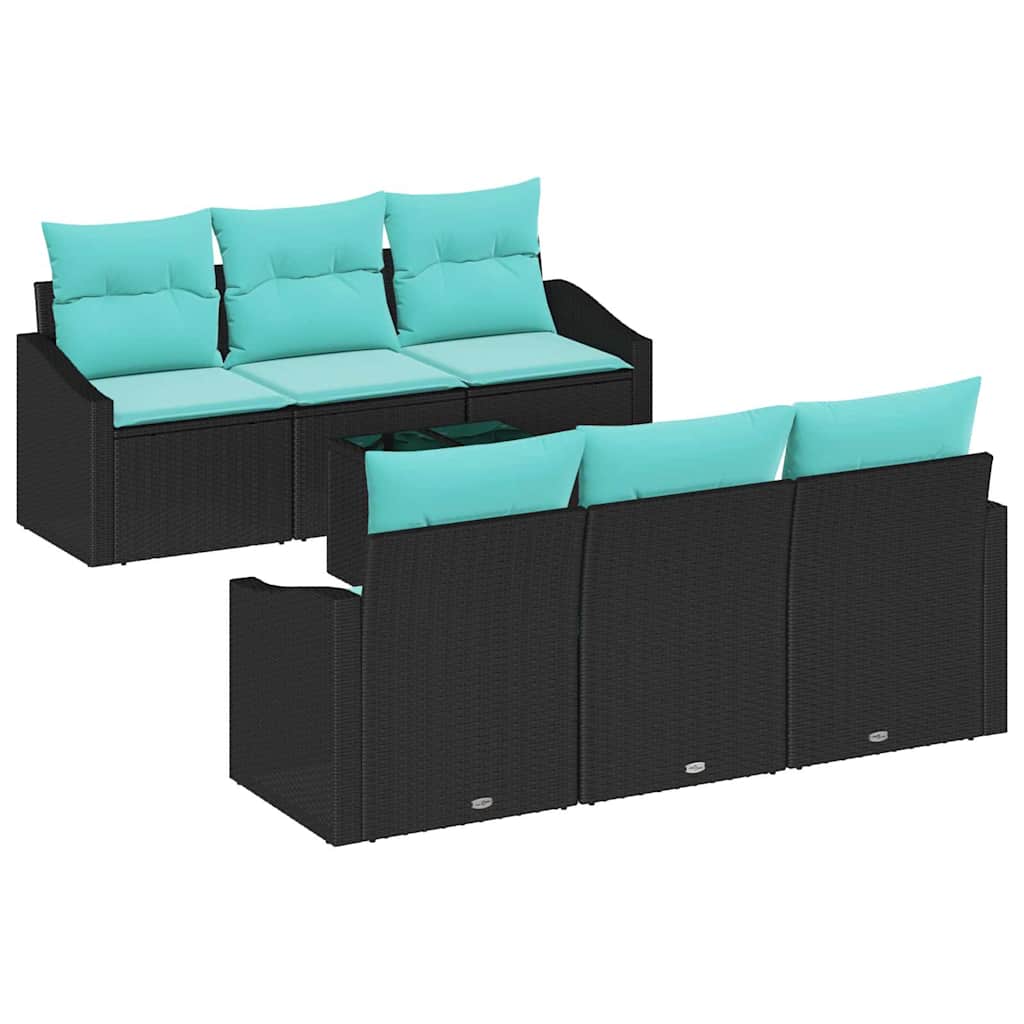 Sofa Sæt 7 stk. 3-Antal sæder Sort og Turkis polyrattan