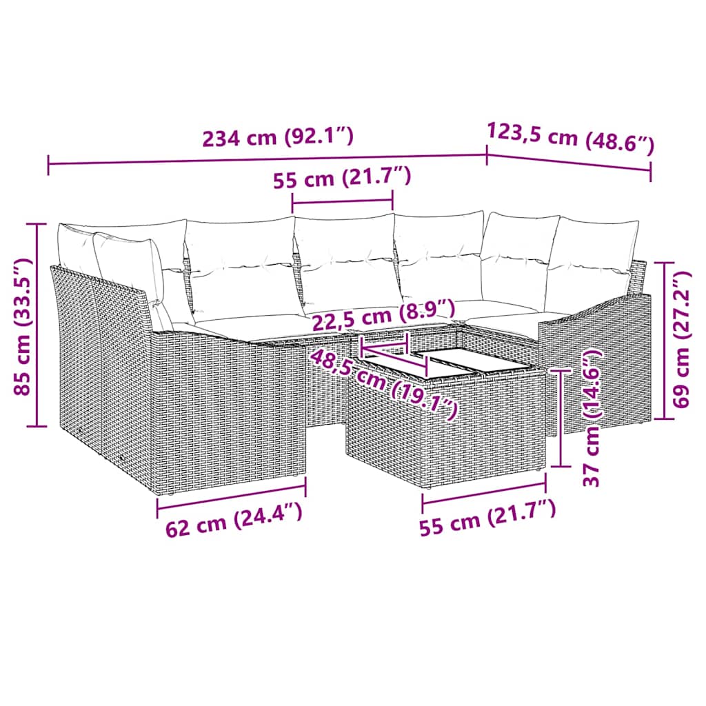 Sofa Sæt 7 stk. Lysegrå polyrattan