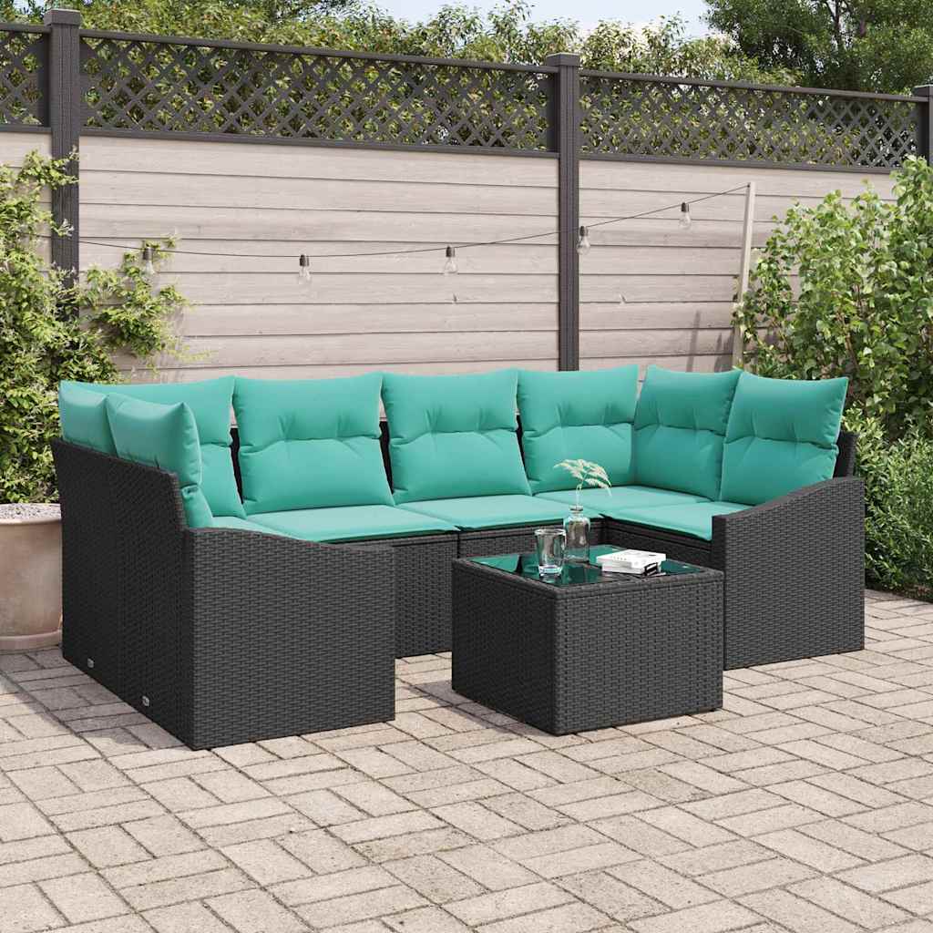Sofa Sæt 7 stk. 3-Antal sæder Sort og Turkis polyrattan