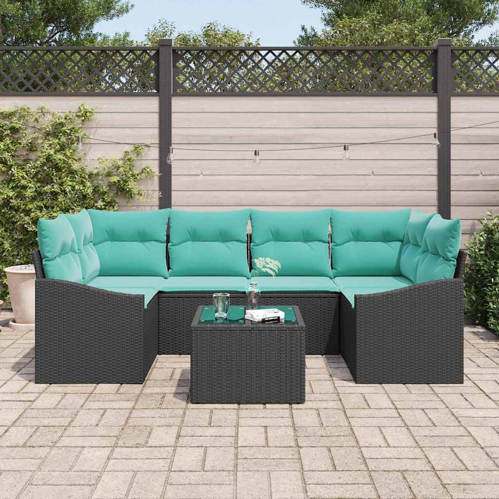 Sofa Sæt 7 stk. 3-Antal sæder Sort og Turkis polyrattan
